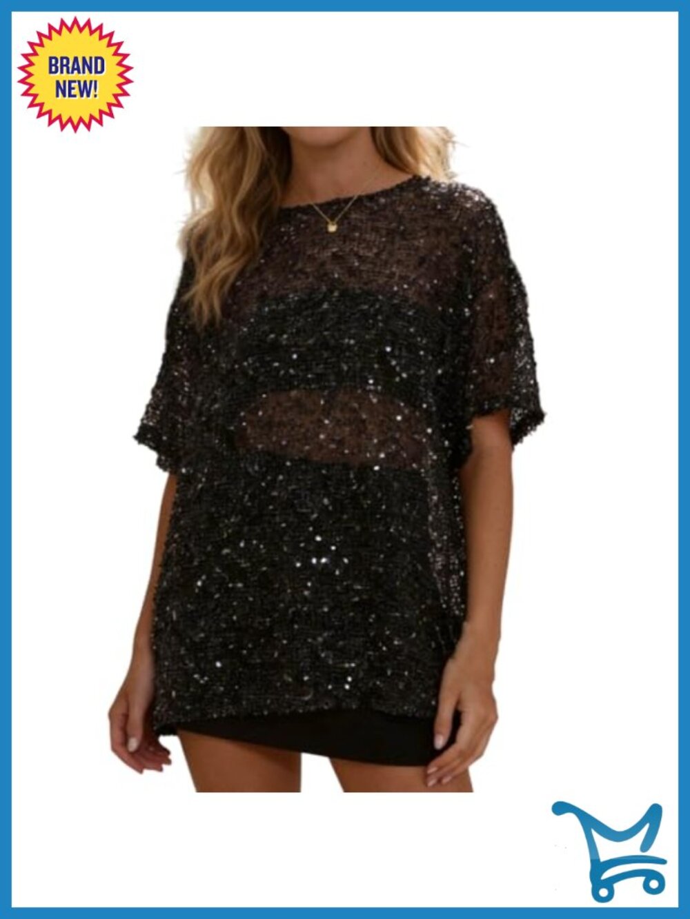 Oversized Sequin Knit Tee Semi Sheer Short Sleeve Glitter Y2K Sparkly Crochet